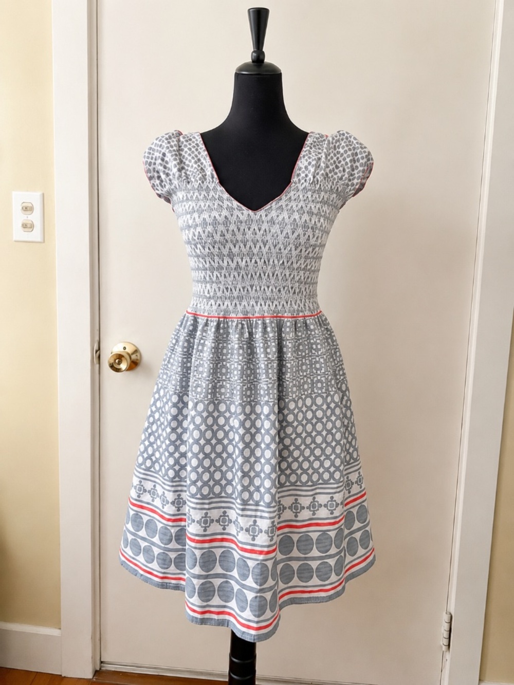 Max Edition Petite Smocked Geometric Mini Dress MP Gray Red